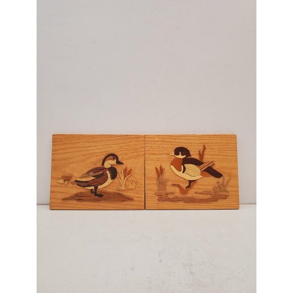 Inlaid Wood Marquetry Picture, ducks , Italian Art, Vintage Wooden Picture, - Picture 1 of 10